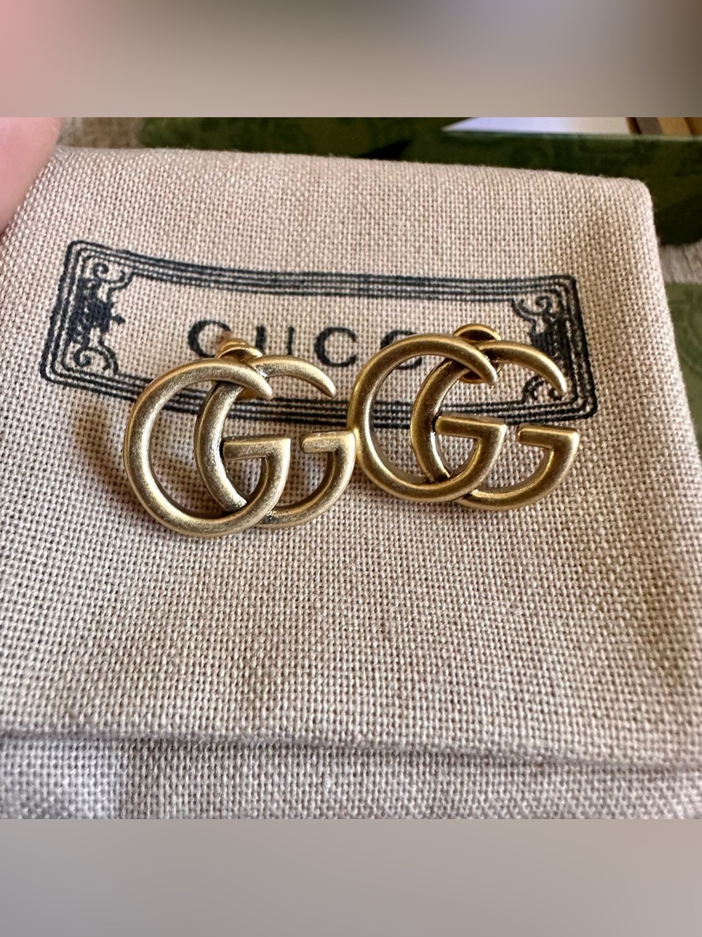 New Gucci Double G Antique Gold Logo Earrings